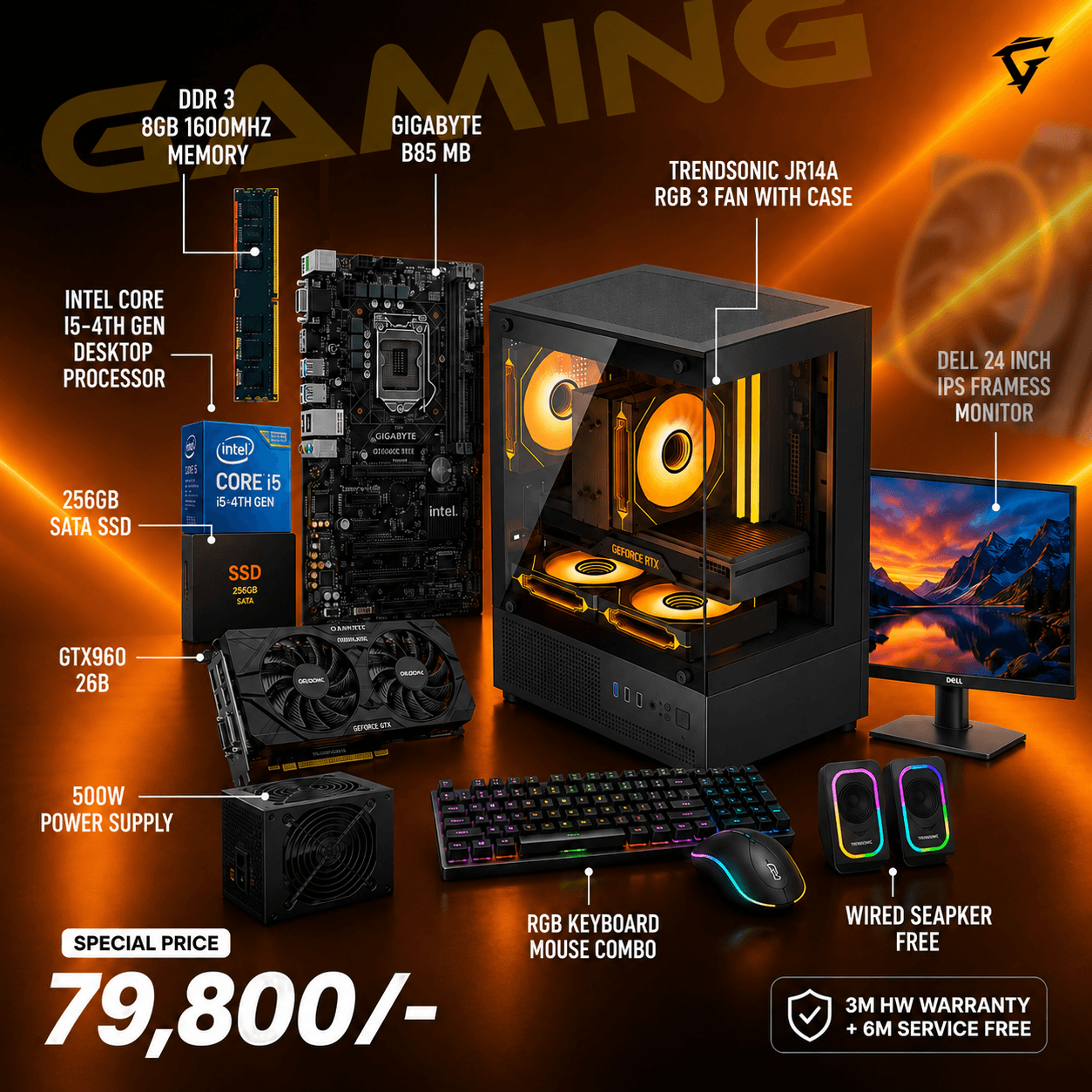 INTEL i5 4TH GEN,  DDR3 8GB, 256GB SSD, GTX960 2GB, 24" IPS FREAMLESS  FULL-SET GAMING PC BUILD